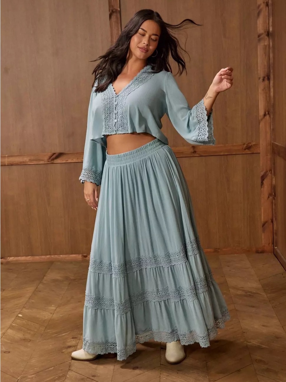 Festi 2 Piece Maxi Skirt and Cropped Blouse in Dusty Blue - Torrid Size 00